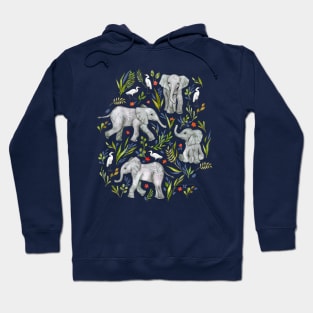 Baby Elephants and Egrets in Watercolor - navy blue Hoodie